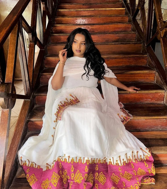 Modern Habesha Kemis with Pink Tibeb – Stunning Ethiopian Dress for Everyday or Events
