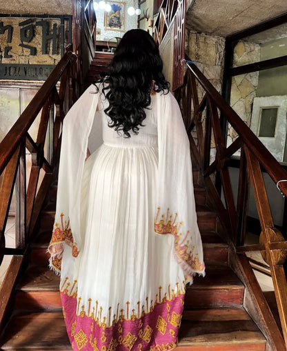 Modern Habesha Kemis with Pink Tibeb – Stunning Ethiopian Dress for Everyday or Events