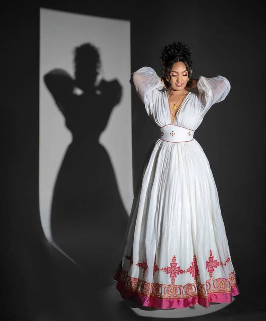 Habesha Wedding Dress with Pink Tibeb – Elegant Ethiopian Bridal Dress