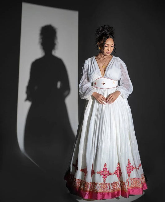 Habesha Wedding Dress with Pink Tibeb – Elegant Ethiopian Bridal Dress