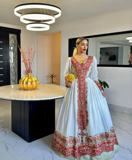 Handwoven Ethiopian Wedding Dress – Red Tibeb Habesha Kemis