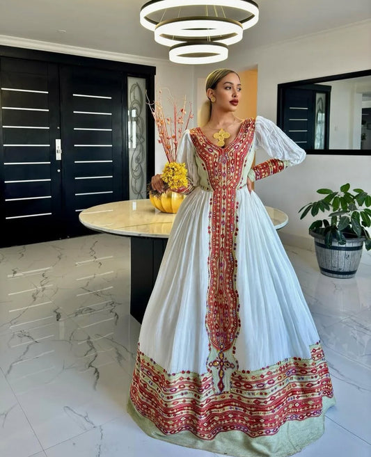 Handwoven Ethiopian Wedding Dress – Red Tibeb Habesha Kemis