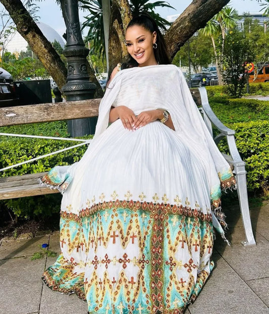 Habesha Dress with green Tibeb – Authentic Ethiopian Traditional Dress
