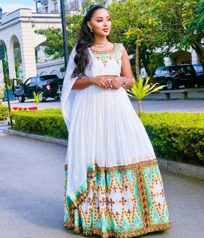 Habesha Dress with green Tibeb – Authentic Ethiopian Traditional Dress