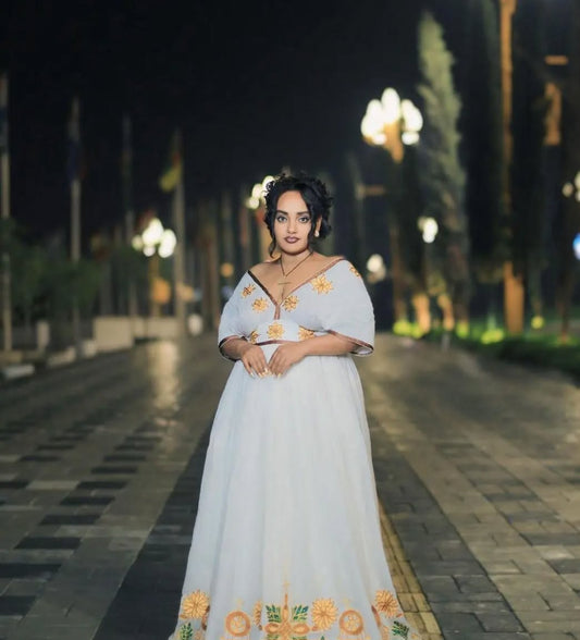 White Habesha Dress with Gold Tibeb – Ethiopian Traditional Dress for Events