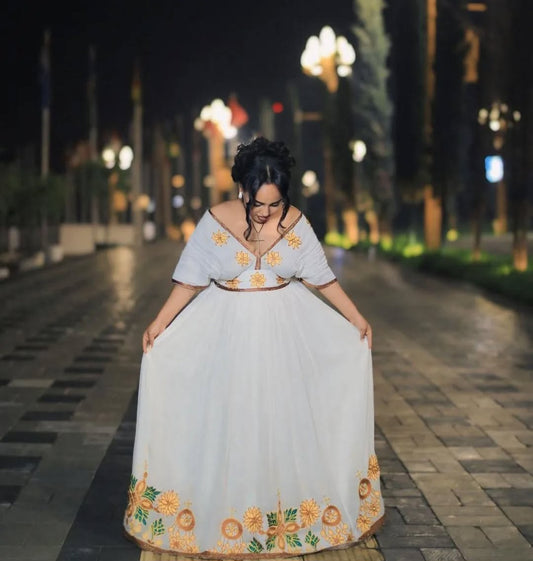 White Habesha Dress with Gold Tibeb – Ethiopian Traditional Dress for Events