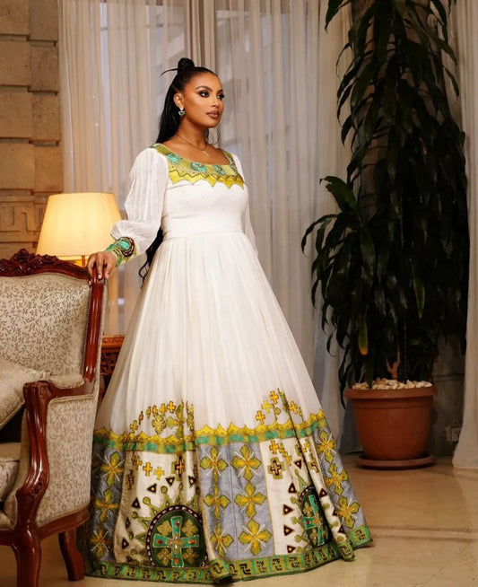 Ethiopian Dress with Green Tibeb – Elegant Habesha Kemis for Women