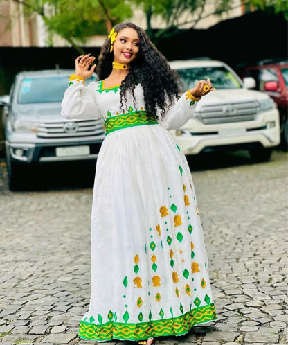Modern Habesha Kemis with Green Tibeb – Stylish Ethiopian Dress for Events