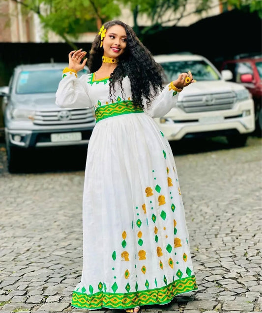 Modern Habesha Kemis with Green Tibeb – Stylish Ethiopian Dress for Events