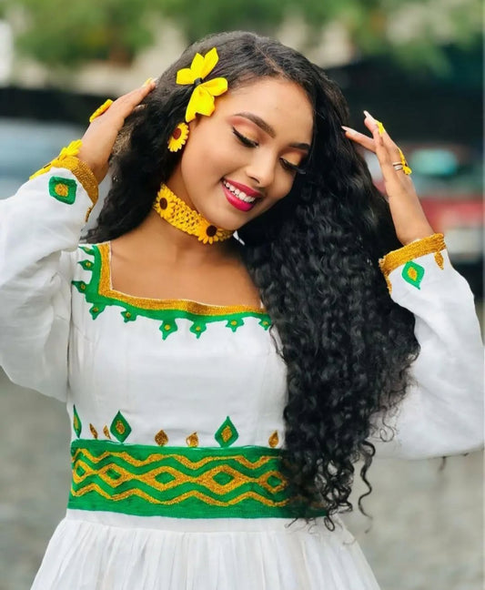 Modern Habesha Kemis with Green Tibeb – Stylish Ethiopian Dress for Events