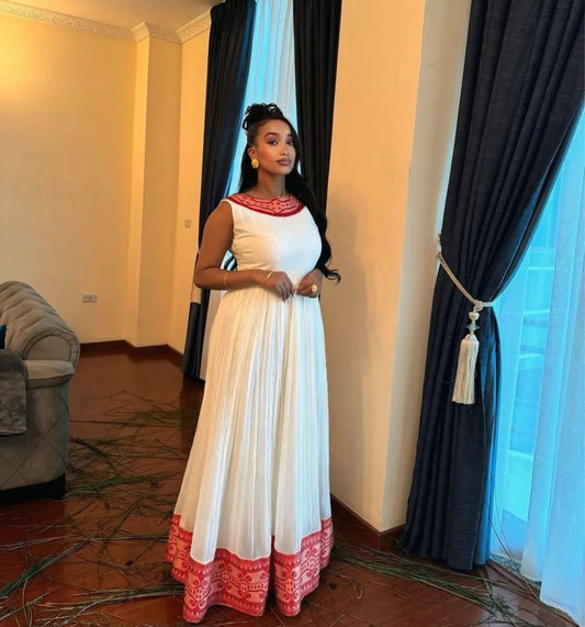 Simple Habesha Dress with Red Tibeb – Modern Ethiopian Kemis for Everyday