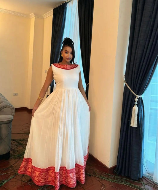 Simple Habesha Dress with Red Tibeb – Modern Ethiopian Kemis for Everyday