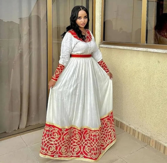 Elegant Ethiopian Dress with Red Tibeb - Classic Habesha Kemis Style