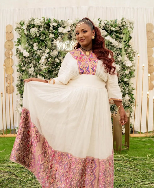 Colorful Habesha Kemis with Multi-Pattern Tibeb - Ethiopian Celebration Dress