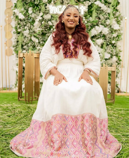 Colorful Habesha Kemis with Multi-Pattern Tibeb - Ethiopian Celebration Dress