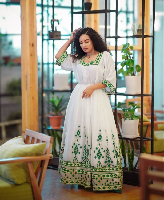 Modern Habesha Kemis with Green Tibeb - Stunning Ethiopian Dress for Events