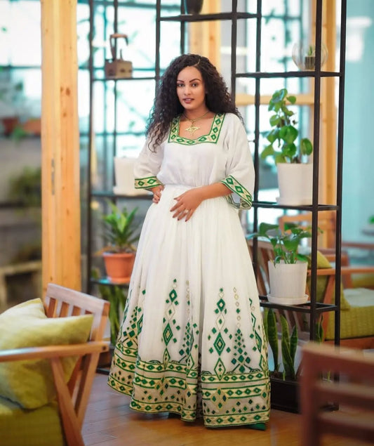 Modern Habesha Kemis with Green Tibeb - Stunning Ethiopian Dress for Events