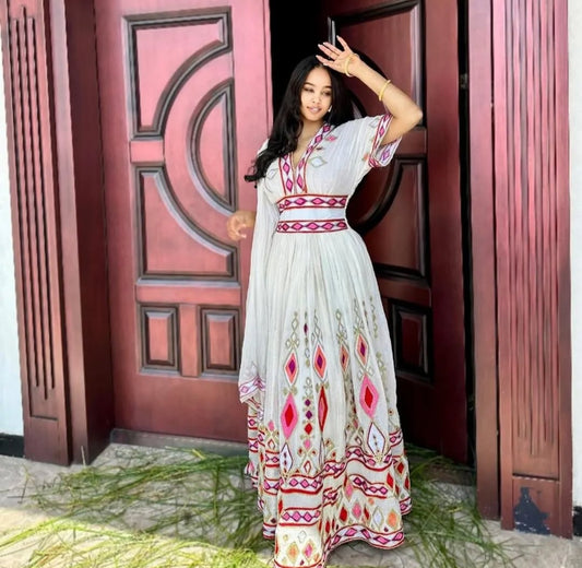 Elegant Habesha Dress with Pink & Red Tibeb - Handwoven Ethiopian Traditional Dress