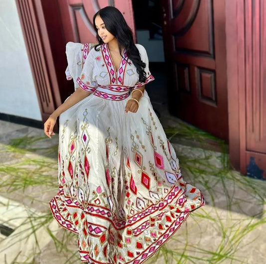 Elegant Habesha Dress with Pink & Red Tibeb - Handwoven Ethiopian Traditional Dress