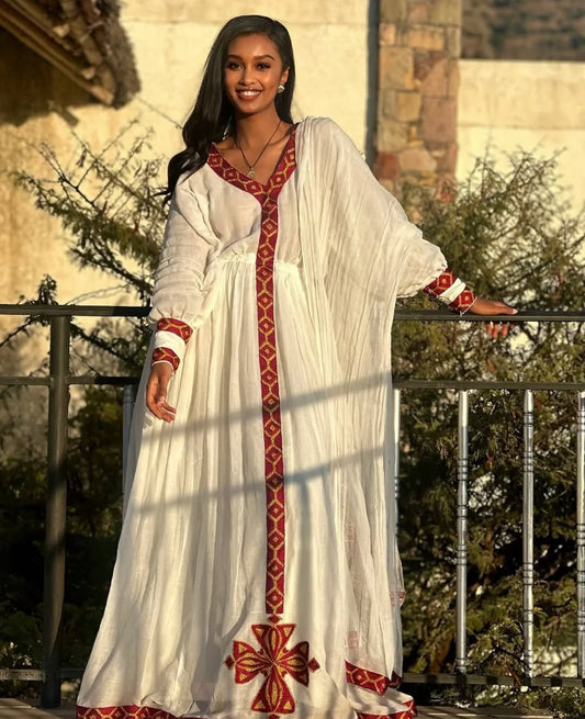 Classic Ethiopian Dress with Red Trim – Authentic Habesha Kemis