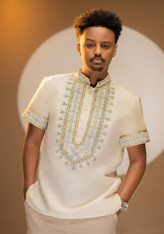 White Habesha Men's Shirt with Mint Green Embroidery – Modern Fit