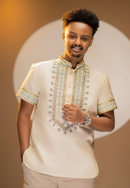 White Habesha Men's Shirt with Mint Green Embroidery – Modern Fit