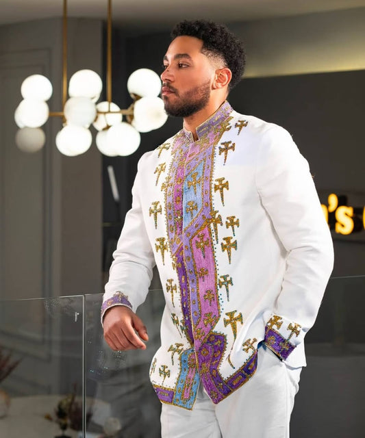 Regal Habesha Men's shirt with Colorful Tibeb – Traditional Ethiopian Wedding Attire