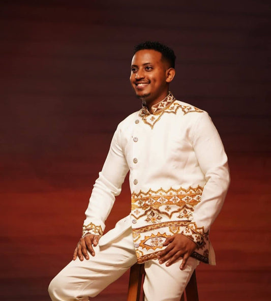 White Habesha Men's Shirt with Gold & White Geometric Embroidery – Asymmetrical Design