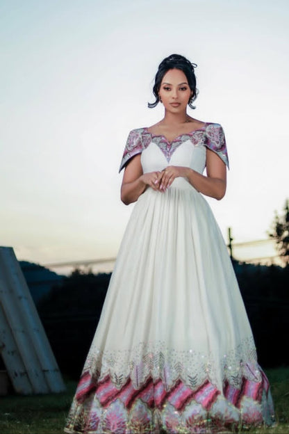 Regal Ethiopian Wedding Dress with Purple Accents - Habesha Kemis