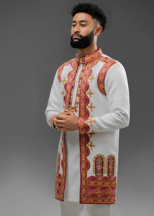 White Habesha Men's Wedding Shirt – Elegant Ethiopian red tibeb