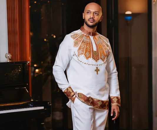 White Habesha Men's Shirt with Gold Embroidery – Regal Chest Design