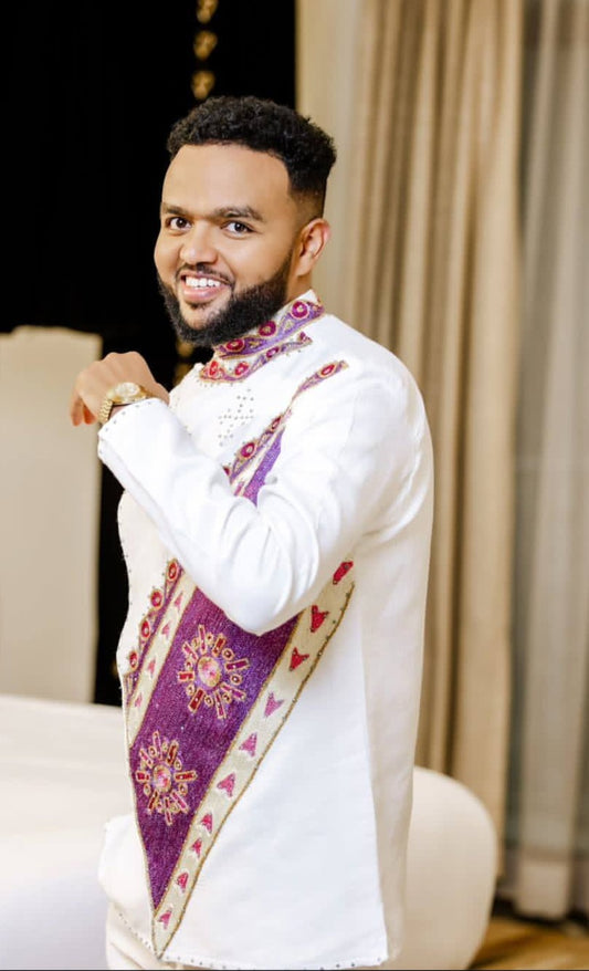 White Habesha Shirt with Purple Tibeb – Authentic Ethiopian Men's Shirt