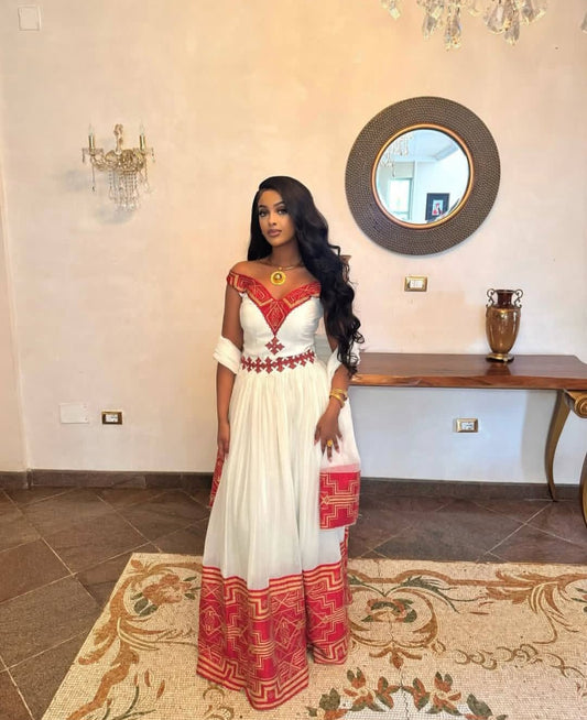 Elegant Habesha Dress with Red and Gold Tibeb - Handwoven Ethiopian Traditional Dress