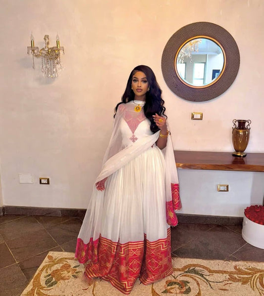 Elegant Habesha Dress with Red and Gold Tibeb - Handwoven Ethiopian Traditional Dress