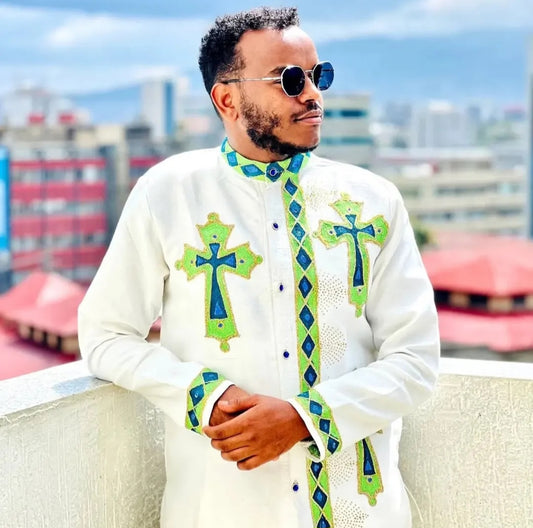 White Habesha Men's Shirt with Green Cross Embroidery – Vibrant Cultural Design