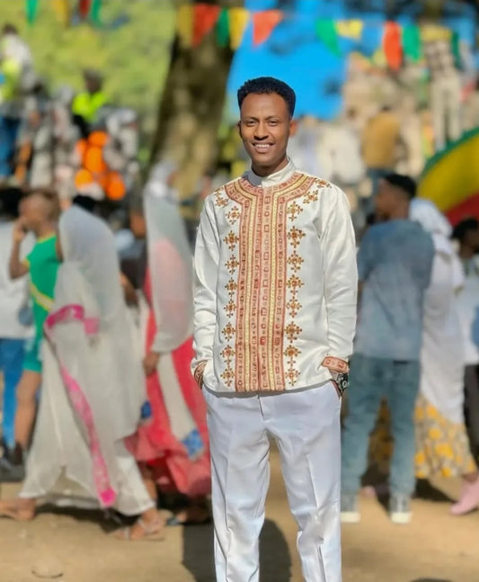 White Habesha Men's Shirt with Brown & Gold Embroidery – Traditional Vertical Patterns