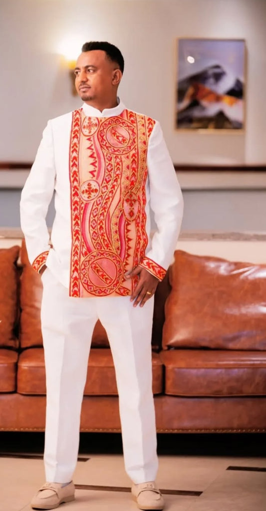 White Habesha Men's Shirt with Red & Gold Abstract Embroidery – Artistic Front Panel