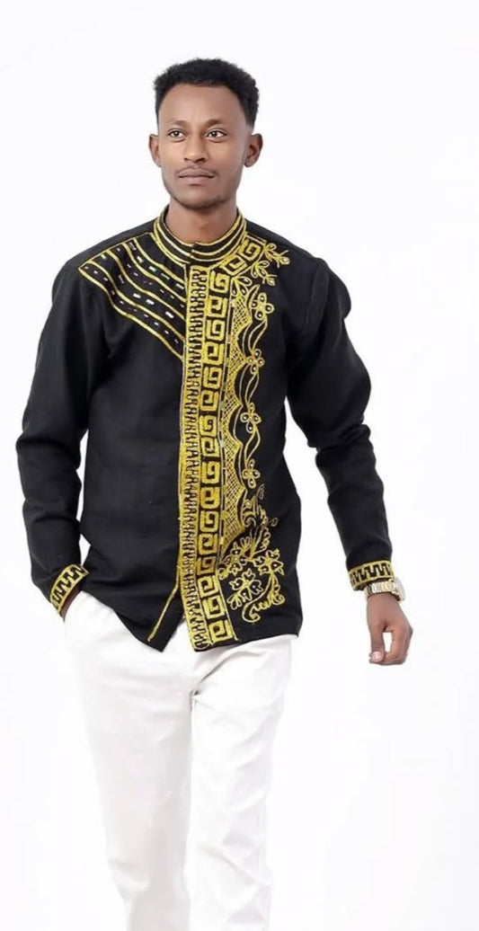 Black Habesha Men's Shirt with Gold Embroidery – Distinctive & Bold