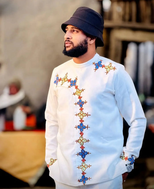 White Habesha Men's Shirt with Cross & Floral Embroidery – Dynamic Vertical Design