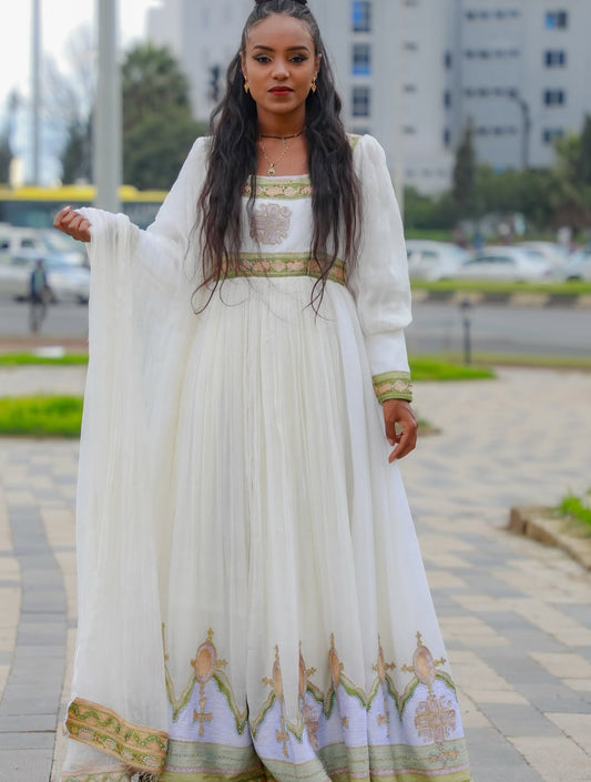 Classic Habesha Dress with Green Embroidery - Ethiopian Traditional outlet
