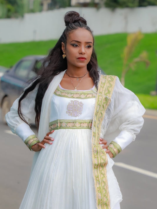 Classic Habesha Dress with Green Embroidery - Ethiopian Traditional outlet