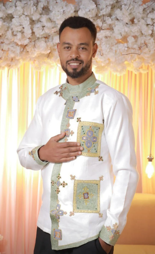 White Habesha Men's Shirt with Mint Green & Gold Embroidery – Elegant Chest & Pocket Detail