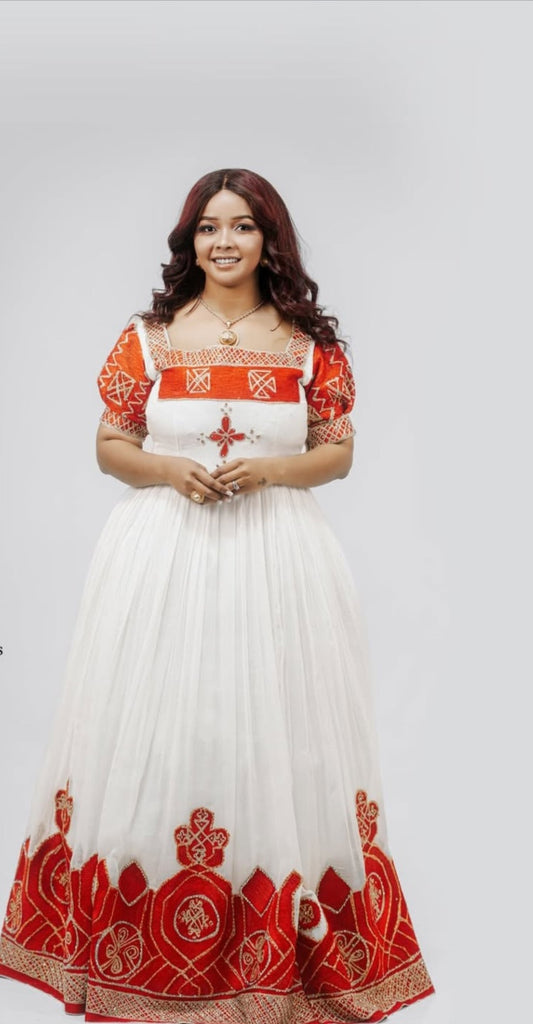 Classic Habesha Kemis with Red Tibeb - Ethiopian Traditional Dress for Women