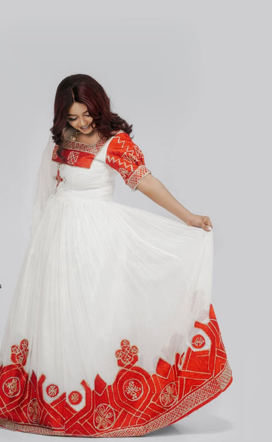 Classic Habesha Kemis with Red Tibeb - Ethiopian Traditional Dress for Women