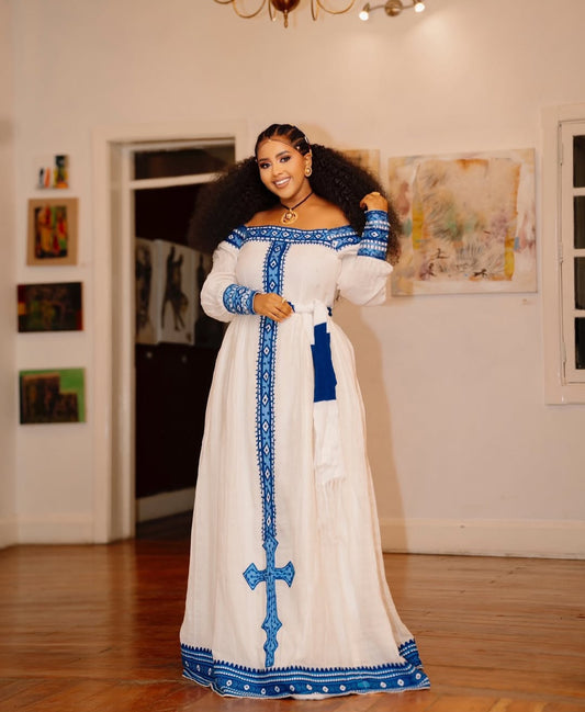 Classic White & Blue Habesha Kemis – Handwoven Ethiopian Dress