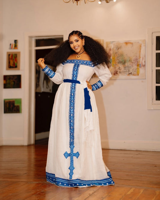 Classic White & Blue Habesha Kemis – Handwoven Ethiopian Dress