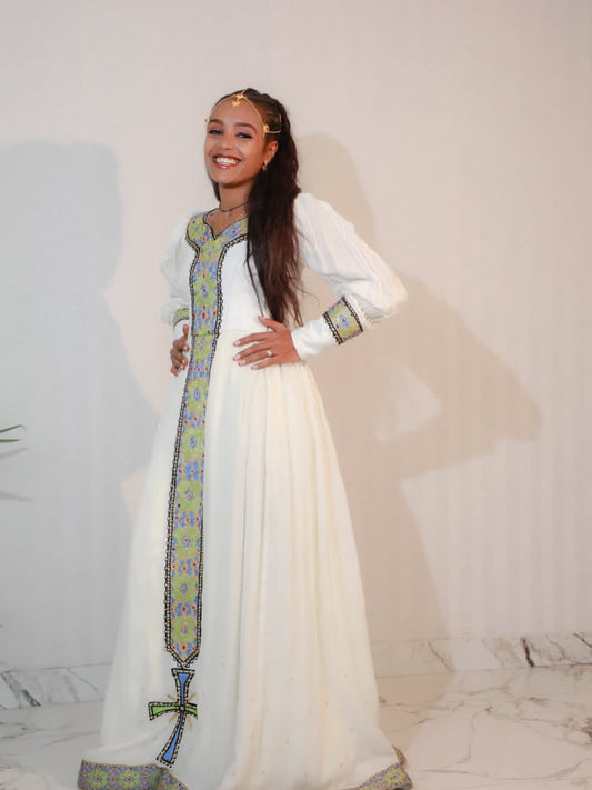 Habesha Dress with Green & Gold Tibeb – Traditional Ethiopian Attire