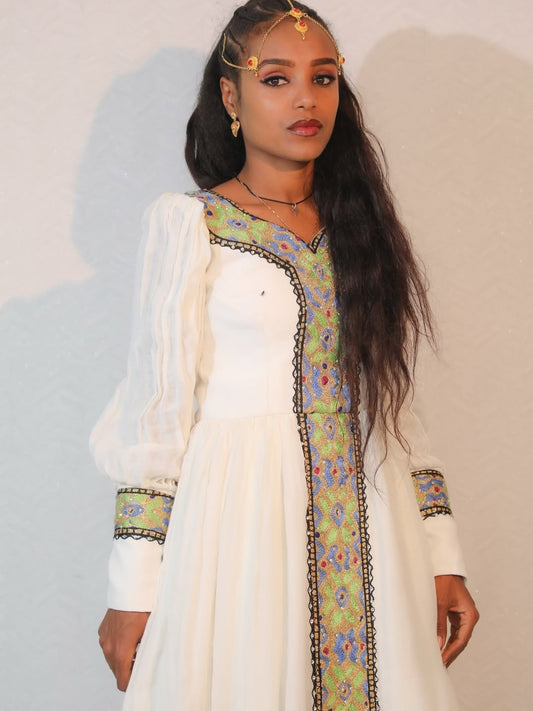 Habesha Dress with Green & Gold Tibeb – Traditional Ethiopian Attire