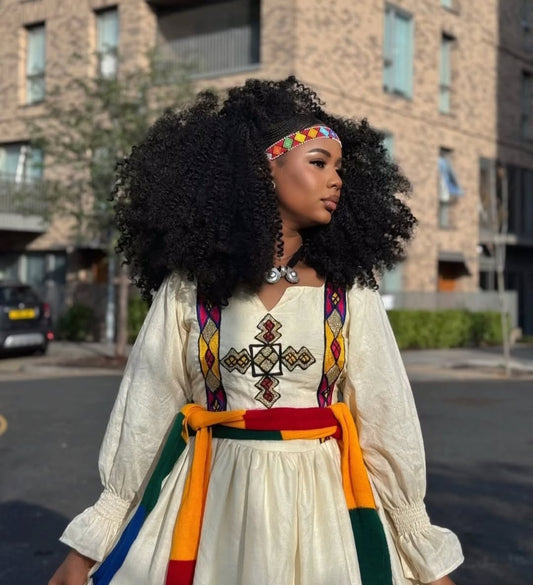 Ashenda habesha Dress with Multi-Colored Tibeb – Celebratory Ethiopian Festival Attire