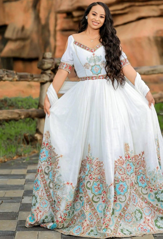 Elegant White Habesha Dress with Colorful Tibeb – Ethiopian Traditional dress